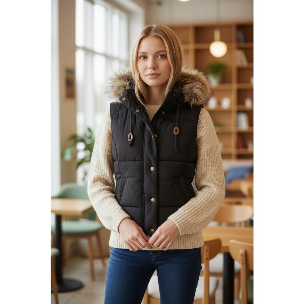 Women’s H&M LOGG Label of Graded Goods Down Puffer Vest Black DETACH Hood S4